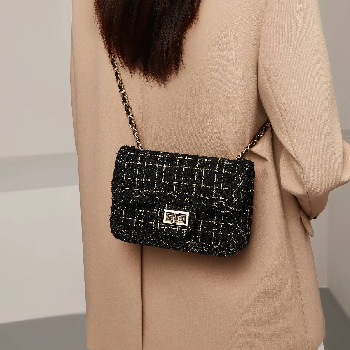 DHGM DHGM FOXER Fabric Women Chain Shoulder Small Flap 2025 Summer PU Female Fashion Crossbody Bag Purse Gift for Wife,Girlfriend