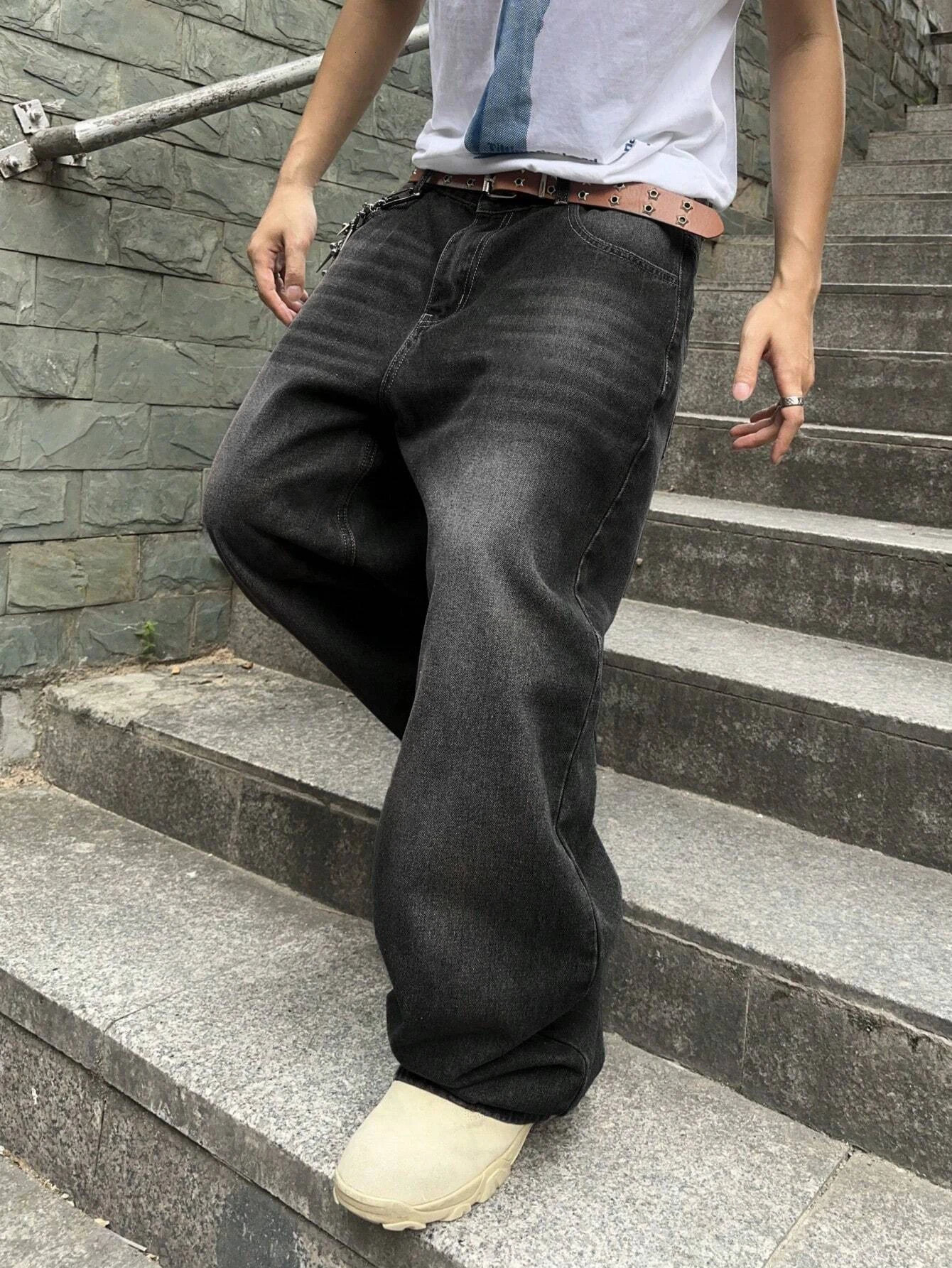 1Pc Mens Daily Travel Casual American Street Loose Jeans Black Light Blue Sea Blue Fashion Street Style Retro Lantern Jeans Denim Pants 250619