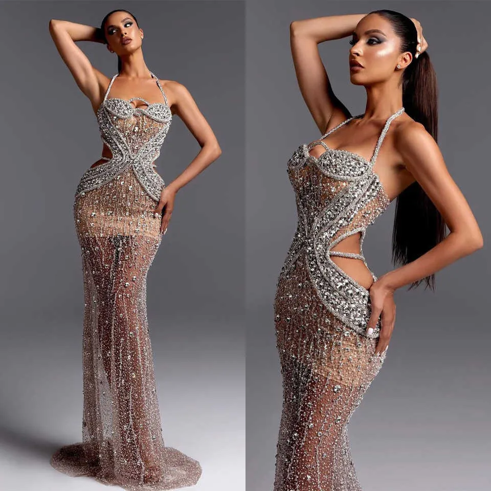 Sexy Halter Crystal Prom Dresses Sparkly Sequined Lace Evening Dress Sleeveless See Through Party Gown Customized