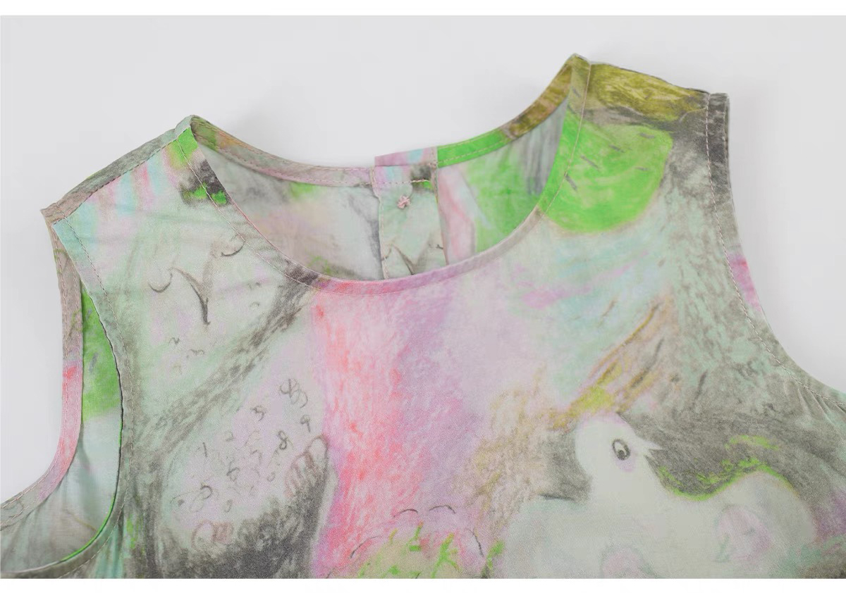 Girls' pure cotton abstract printed casual dress Versatile mid length dress