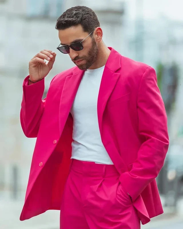 2 Pieces Street Wear Fuchsia Men Suits Groom Party Wedding Peaked Lapel Terno Masculino Tuxedos Costume Homme Male Blazer Sets 250619