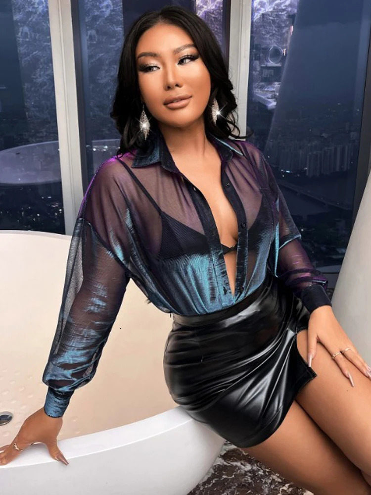 Fashionable laser color changing bright silk see-through loose temperament long-sleeved shirt 250619