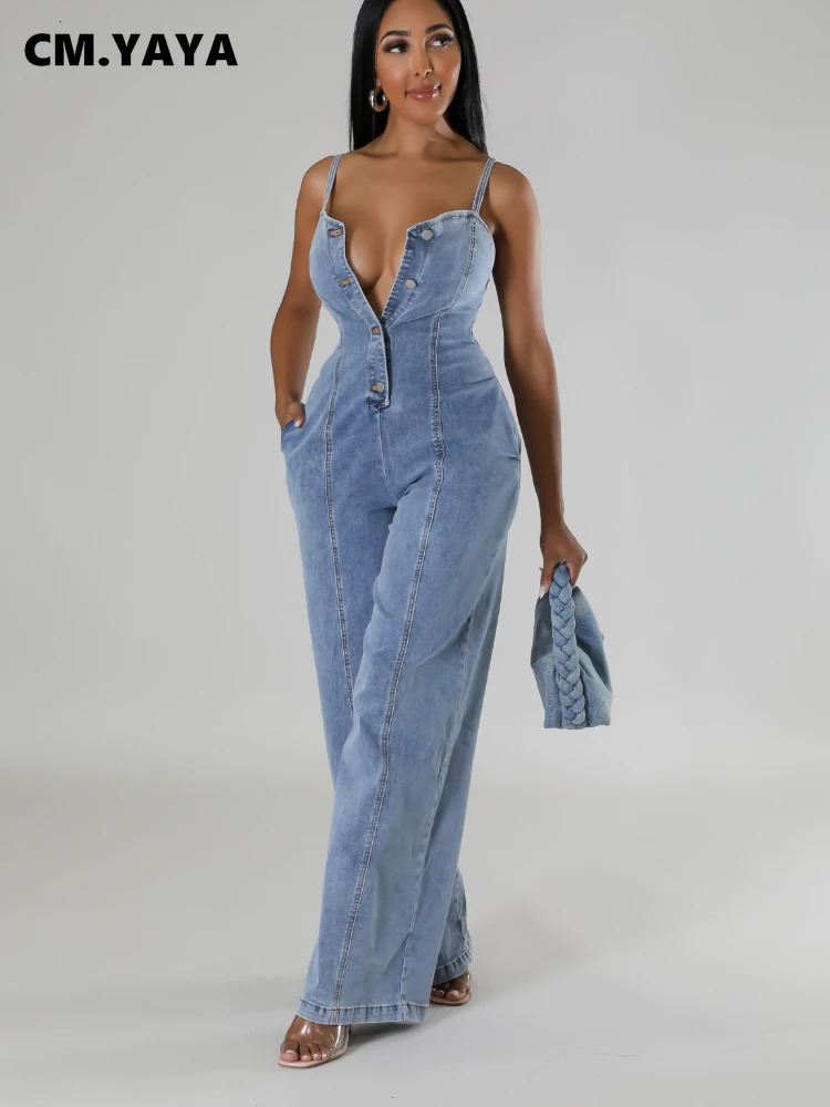 CM.YAYA Women Strapless Strap Wide Leg Jeans Denim Wide Leg Jumpsuits Autumn Street Cargo Playsuit One Piece Suit Rompers 250619