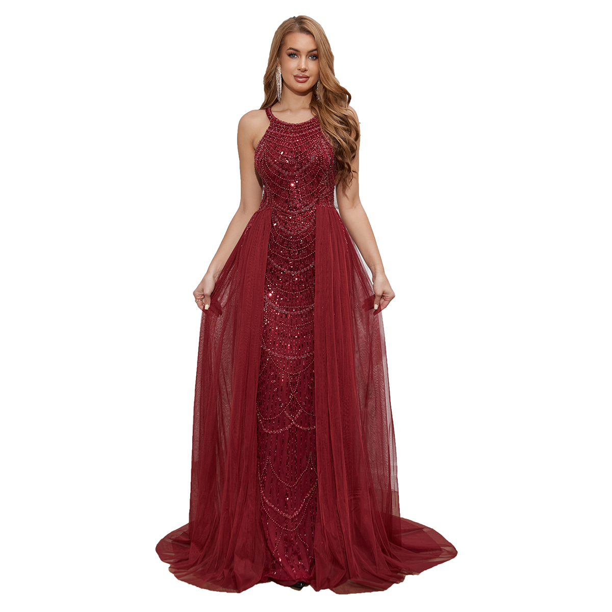 Prom toast dress new wine red hanging neck sexy high-end evening dress women's high-end cocktail party gauze tail prom dress prom dress
