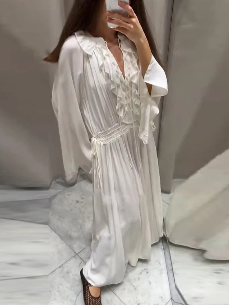 Lace Ruffled Women Dress V-Neck Side Straps Flared Sleeves Large Swing Elastic Waist Cinched Pleated Lace Up Loose Long Dresses 250619