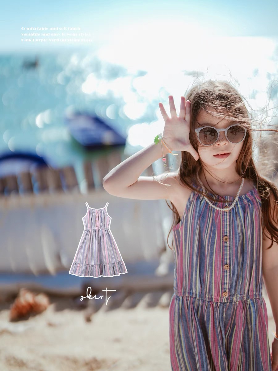 Girls' yarn dyed striped camisole dress Sweat absorbing and breathable daily dress