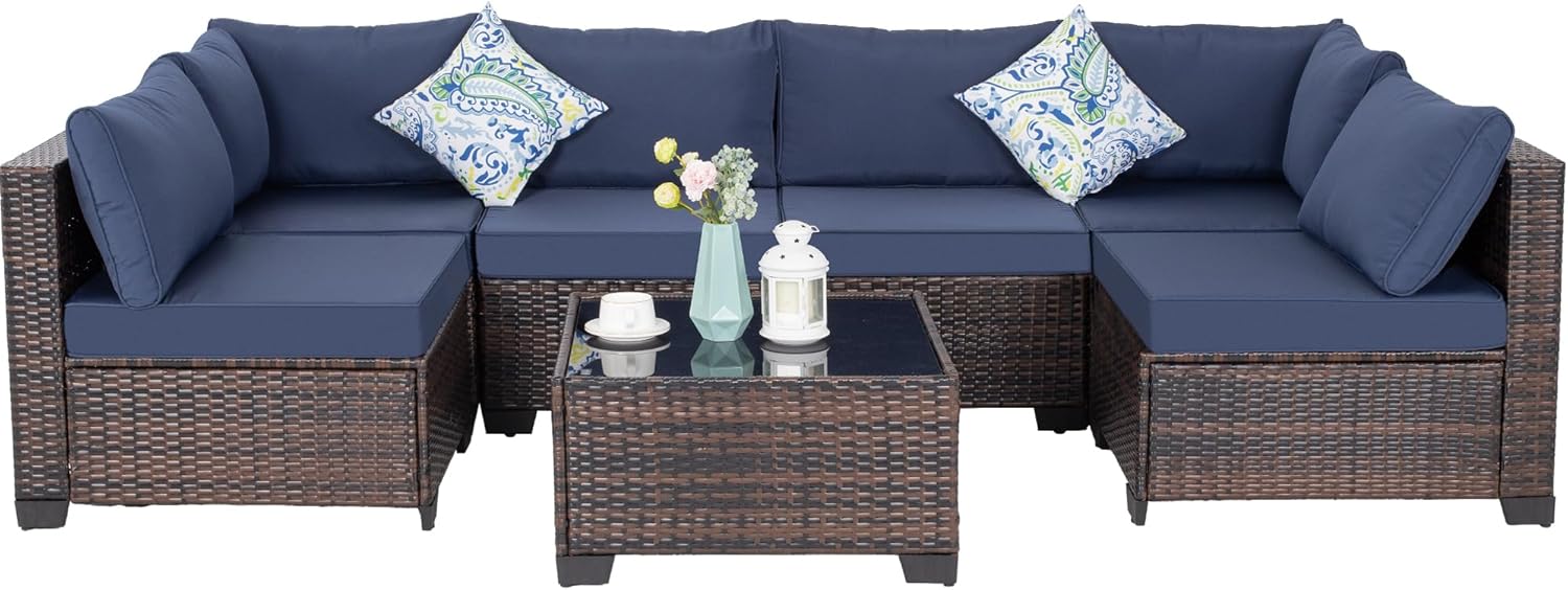 7 Pieces Patio Furniture Set Modular Patio Set Wicker Outdoor Sectional Sofa Set PE Rattan Wicker Patio Conversation Set with Thickened Cushions and Coffee Table