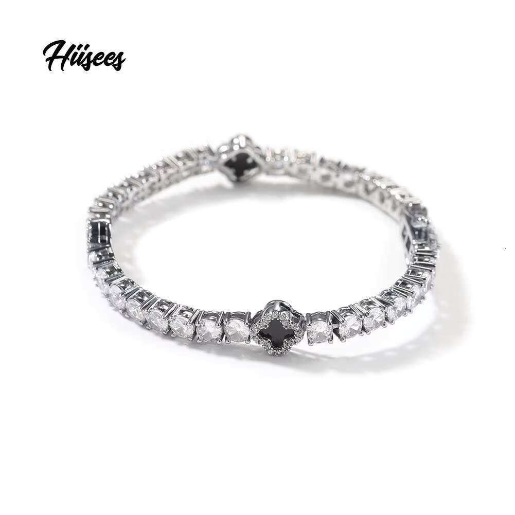 Dropshipping Valentines Day Gift Fashion 4mm Cubic Zirconia Diamond Black Four Leaf Clover Tennis Bracelet