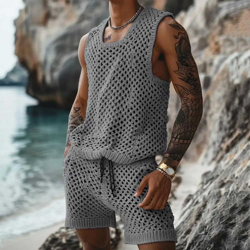 Vest Shorts Set Mens Casual Sleeveless Knit Top Drawstring Shorts Set for Daily Wear Elastic Waist Wide Leg Shorts for Mens 250619