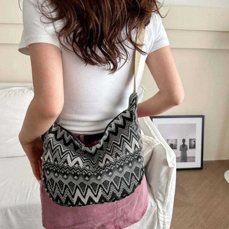DHGM Wave Pattern Design Crossbody for Women New Large Capacity Canvas Shoulder Versatile College Students Dumplings Bag