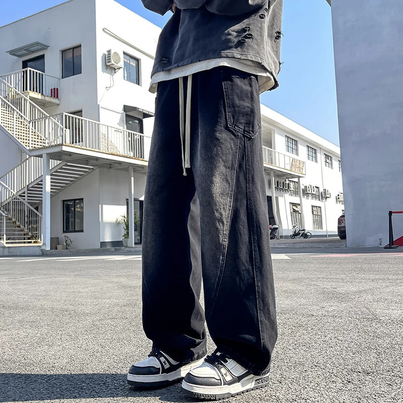 American Retro Washed Denim Jeans Mens Trendy Loose Straight Leg Workwear Wide Leg Pants Korean Street Hip-hop Mens Clothing 250617