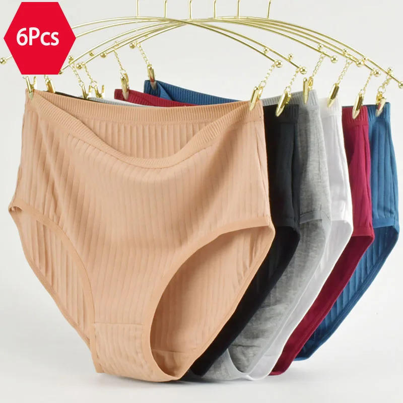 Womens High Waist Cotton Underwear Panties Striped Knitted Soft Breathable Underpants Intimate Lingerie Female Briefs Woman 250609