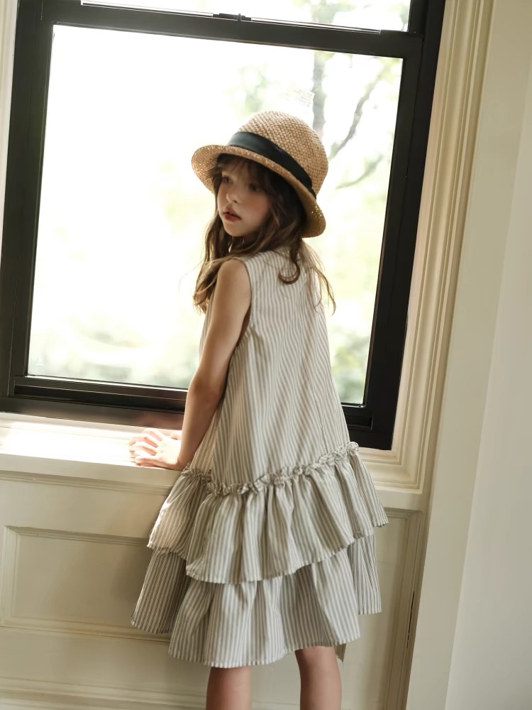 Girls' yarn dyed striped vest dress casual dress ruffle edge dress New girls' dress