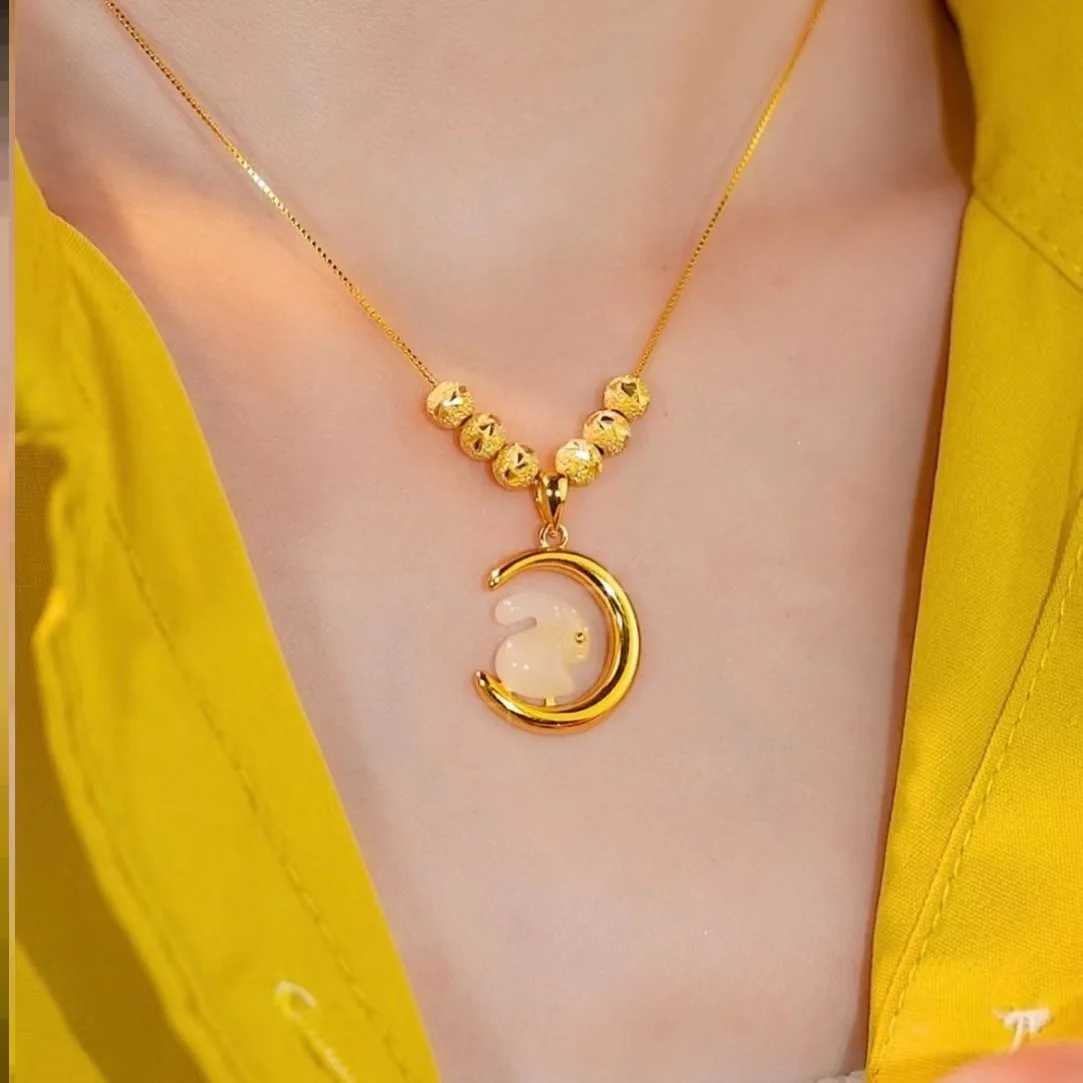Real 18K Gold Smooth Moon Jade Rabbit Jade Pendant Necklace for Women Engagement Birthday Wedding Chain Necklaces Jewelry Gifts XJ250620