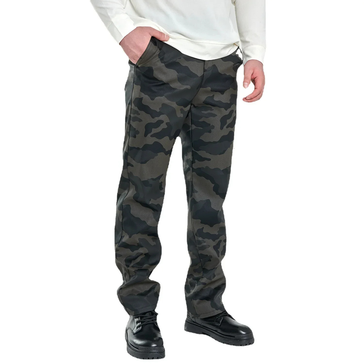 Casual Mens Leather Pants High Waist Straight Tube Windproof Waterproof and Stainresistant Camouflage White Black 250614