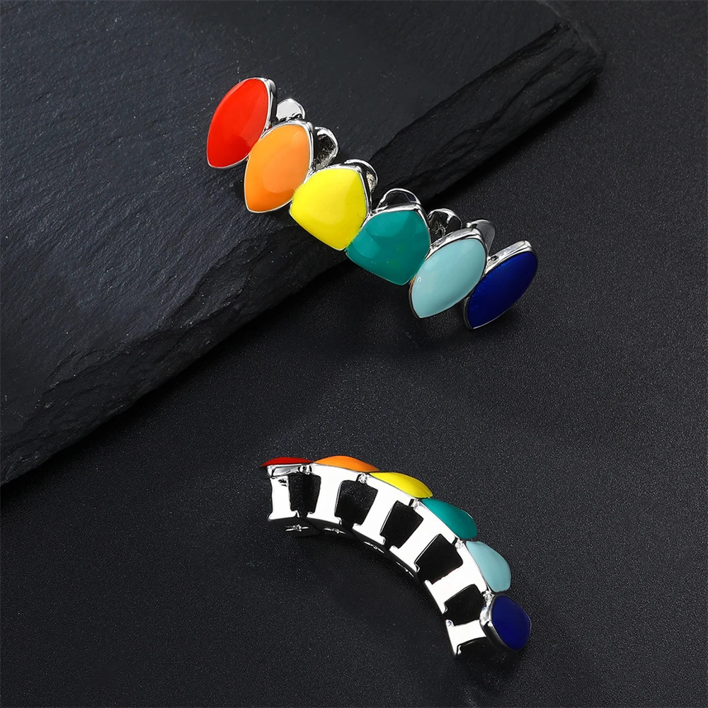 D Z Hip Hop Colorful Teeth Grills for Women Men Body Rainbow Color Oil Drop Copper Charm Party Jewelry Gift 250613