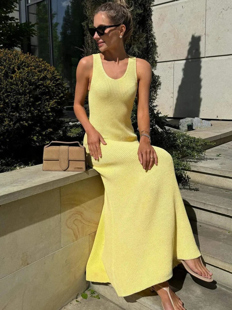 Talenza Summer Knit Long Dress Solid Sleeveless Casual High Waist Halter Long Dress Knit Backless Office Lady Womens Dress 2025 250619