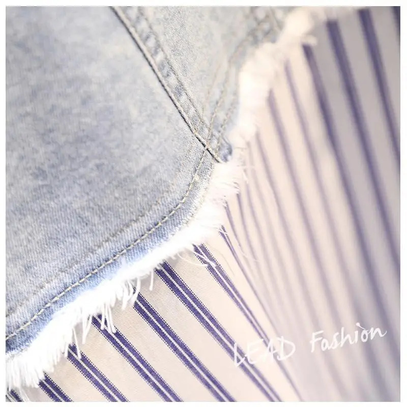 Blue Striped Denim Patchwork High Street Long Sleeve Polo-Neck Womens Blouse Shirt Korean Fashion Female Clothing Tops Spring 250619