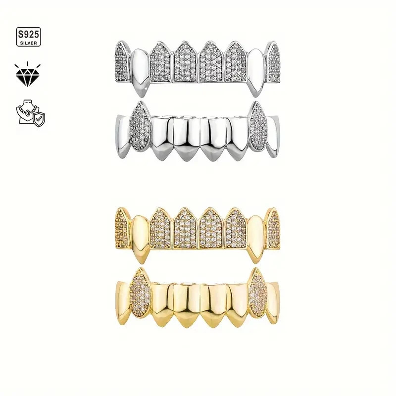 2pcs S925 Silver With 47 Hip Hop Street Rap Men Women Teeth Grill Ice Micro Pave 18k 250613