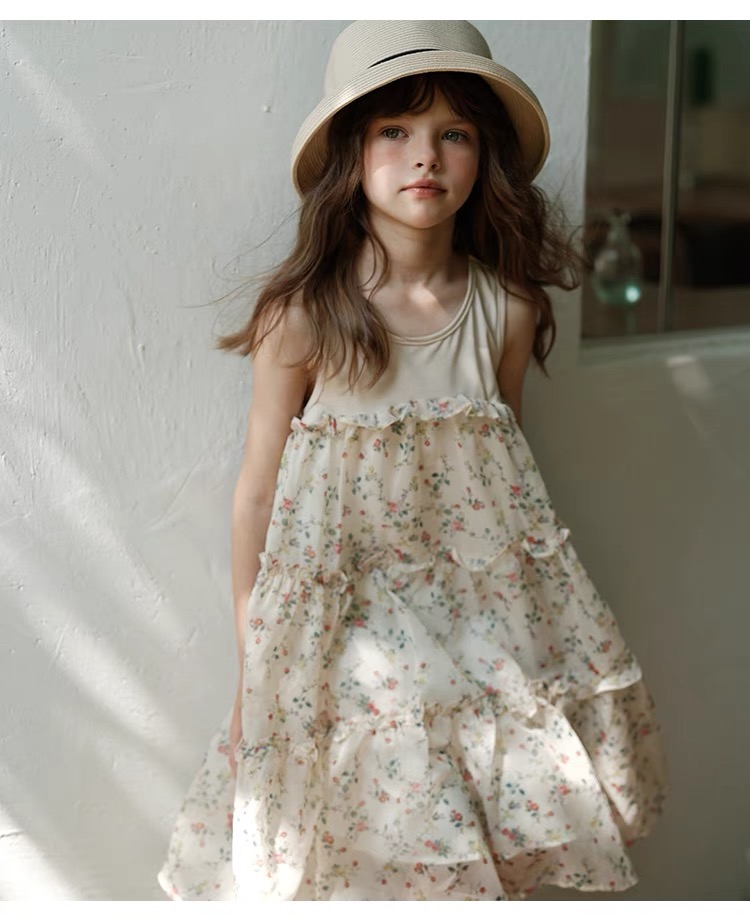 Girls' Knitted Splicing Chiffon Cake Dress Loose daily outerwear dress