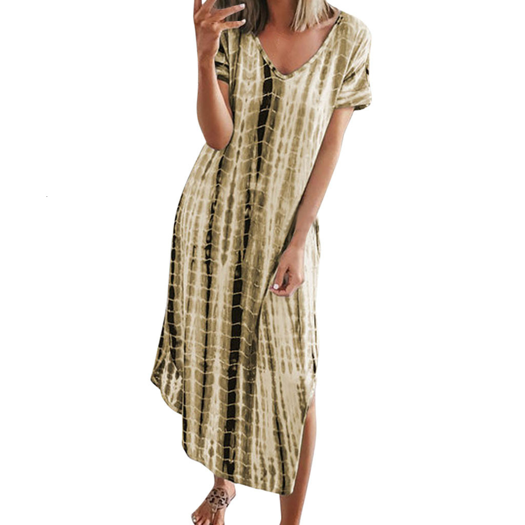 Designer Plus Size Dress2025 Summer New European And American Women's Printed Tie-dye Split V-neck Loose Slimming Plus Size Irregular Dress