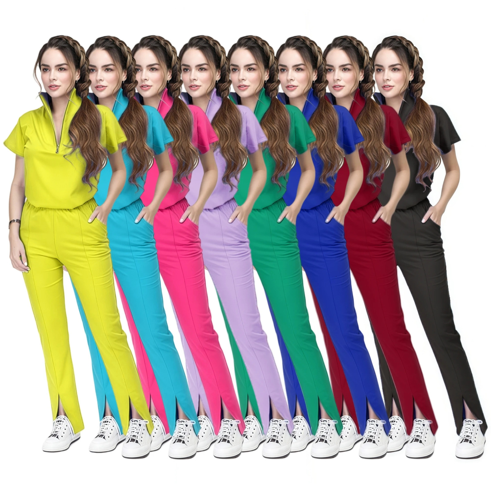 High Quality Multi Color Tunic Spa Work Suit Nurses Hospital Uniform Scrub Sets Women Zipper Set Short Sleeve Uniforms 250619