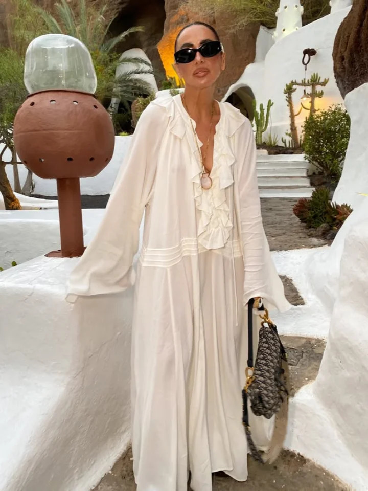 Lace Ruffled Women Dress V-Neck Side Straps Flared Sleeves Large Swing Elastic Waist Cinched Pleated Lace Up Loose Long Dresses 250619