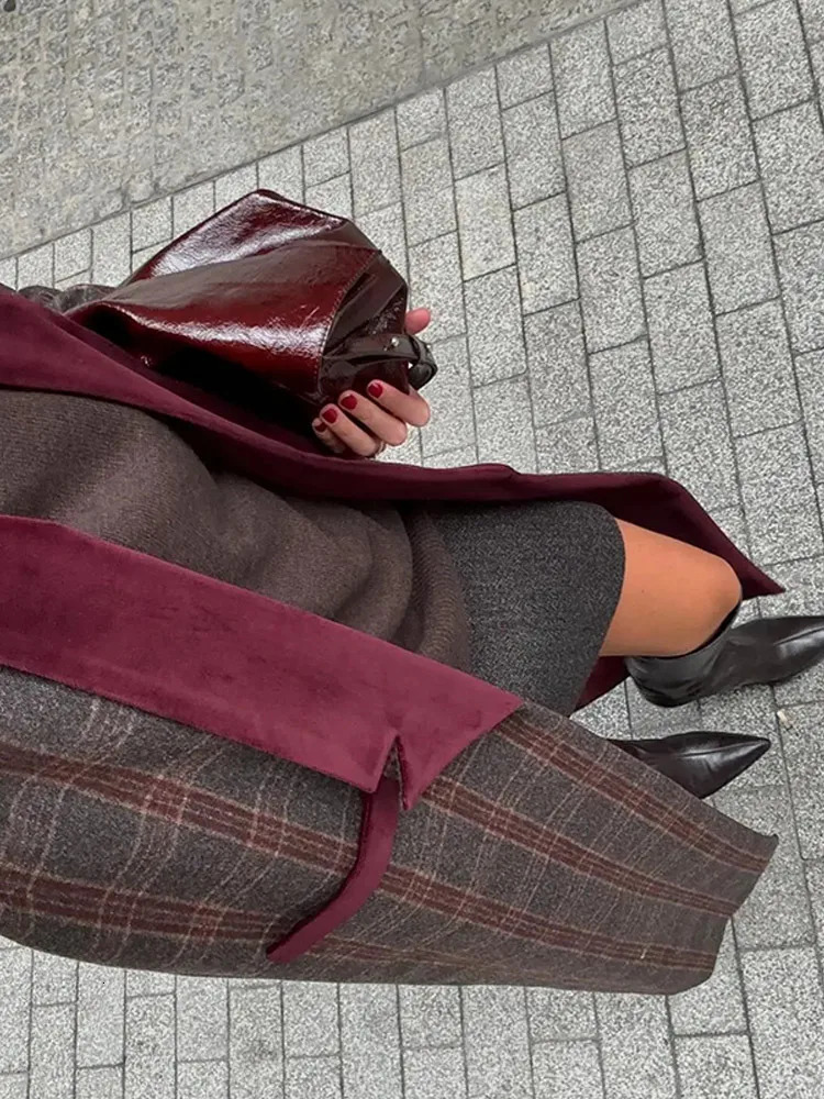 Velvet Collar Plaid Woolen Coat Wool Patchwork Trench Overcoat Retro Straight Tube Contrast Color Cardigan Outwear Spring Autumn 250619