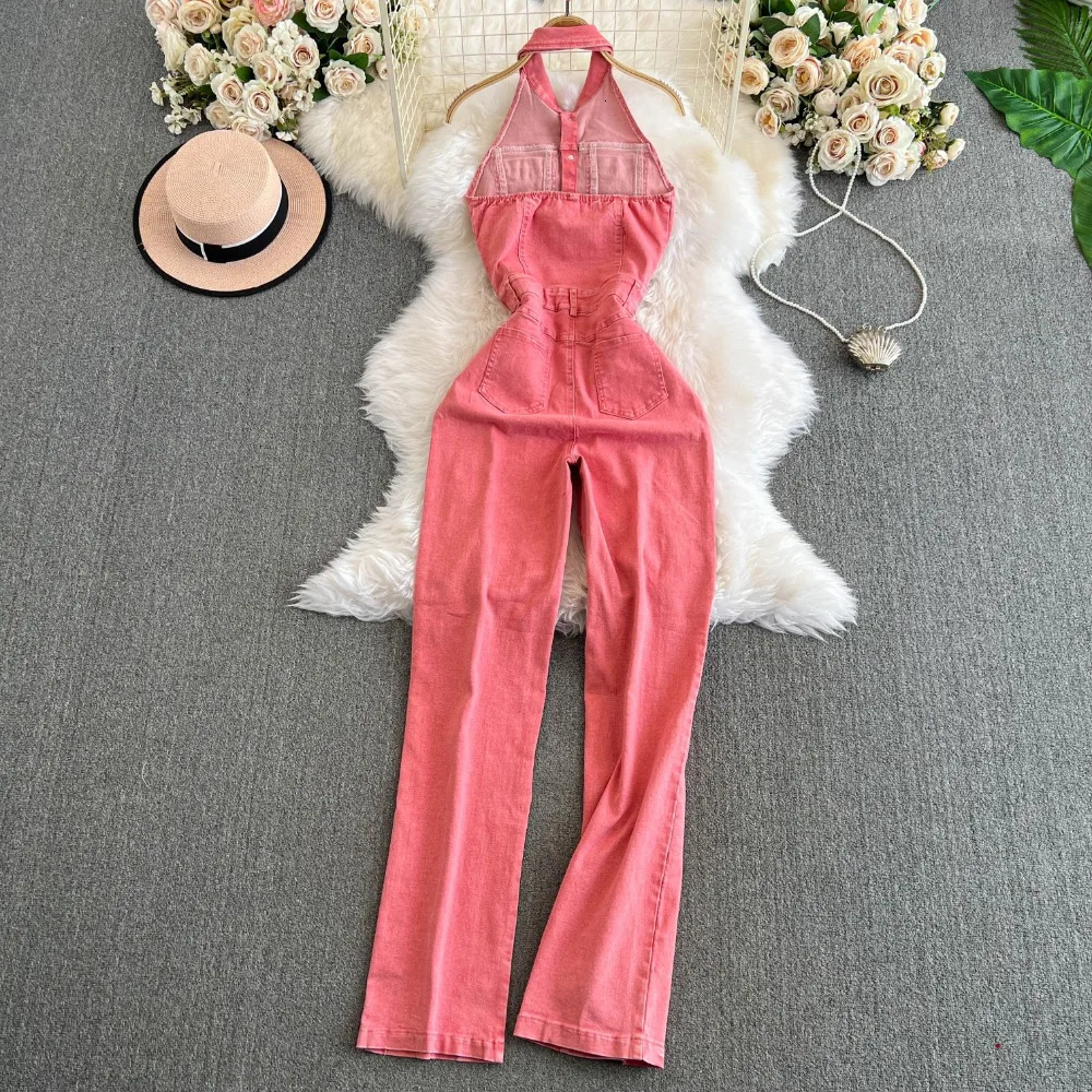 Neploe Vintage Turn-down Collar Sleeveless Bodysuit Korea High Waist Elegant Jumpsuit Safari Style Denim Straight Ropa Mujer 250619