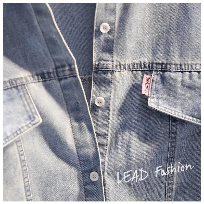 Blue Striped Denim Patchwork High Street Long Sleeve Polo-Neck Womens Blouse Shirt Korean Fashion Female Clothing Tops Spring 250619