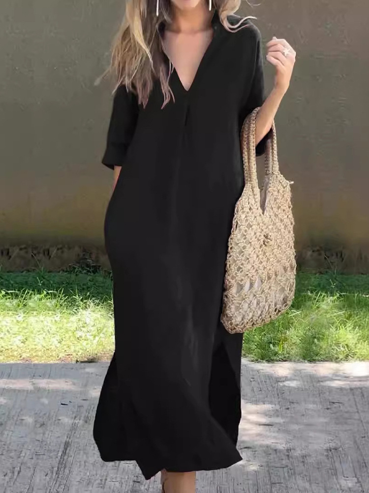 Designer Plus Size Dressplus Size Women's Fashion 2025 Summer New V-neck Three-quarter Sleeve Cotton Linen Side Slit Dress Solid Color Casual Lon