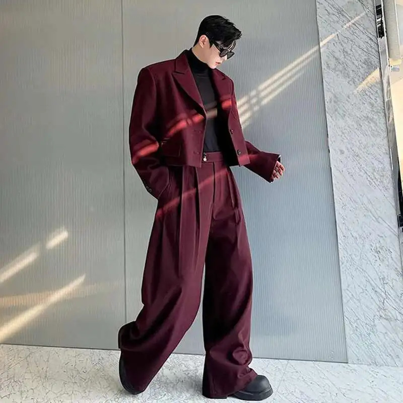 FEWQ Mens Two-piece Lapel Niche Solid Color Single Breasted Blazer Pleated Straight Wide Leg Male Suit Pants 9C8389 250619