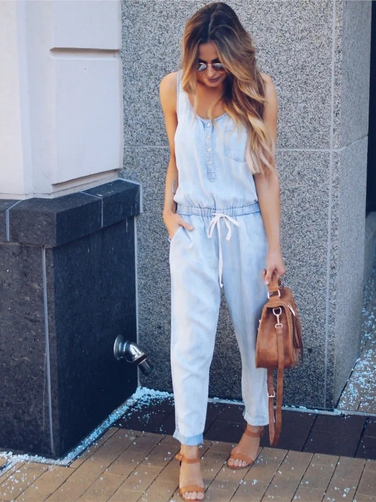 Summer Denim Jumpsuit For Women 2025 Fashion Sleeveless Button Vest Slim Drawstring Pant Jumpsuits High Street Womens Clothing 250619