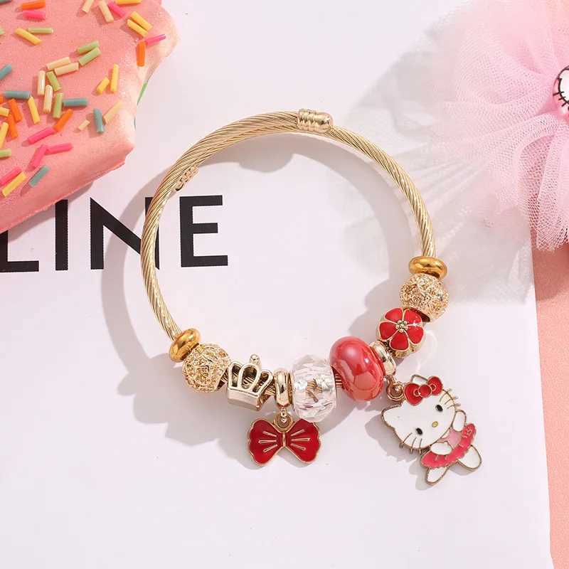 Sanrio Sweet Cartoon Cute Hello Kitty Flower Bowknot Charms Bracelets for Women Girls Sanrio Gold Color Stainless Steel Bangle Jewelry w250716