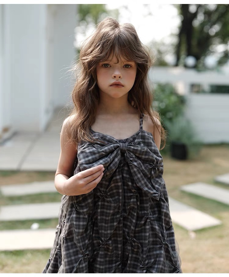 Girls' suspender lantern plaid dress Casual versatile outerwear dress