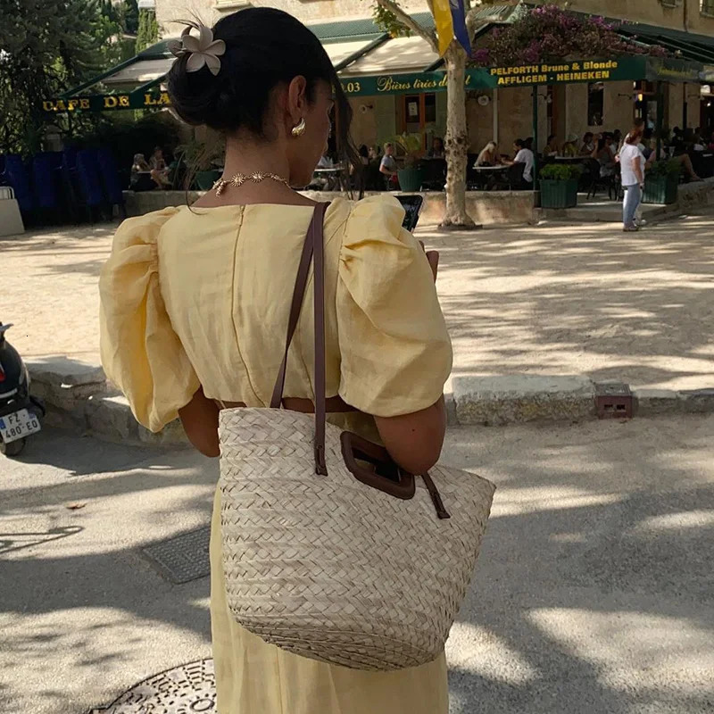 Womens Puff Sleeve Party Dress Ladies 2025 Hollow Waist High Street Summer Dress Elegant Solid Square Collar Holiday Long Dress 250619