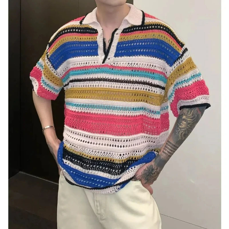 Men Summer Fashion Vintage Rainbow Striped Hollow Polo Collar Knitted T Shirt Casual Streetwear Short Sleeve Loose Pullover Tops 250617