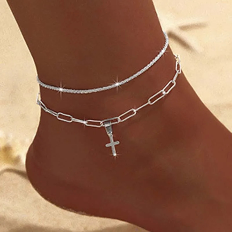 Sparkling Thin Chain Anklet For Women Zircon Heart Cross Pendant Double Layer Bracelet On Leg Foot Trendy Summer Beach Jewelry 250606