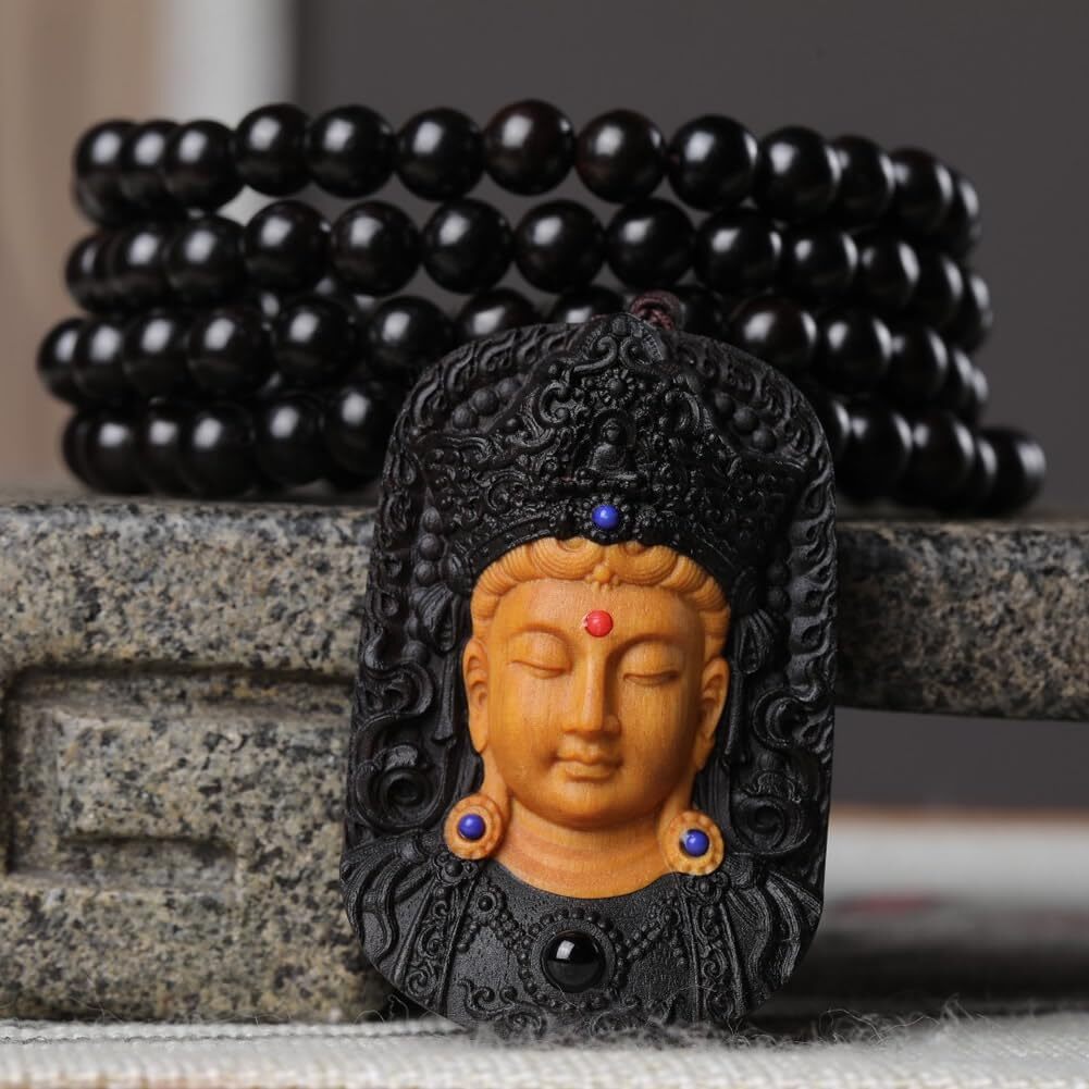Attract Prosperity Zen Dear Unisex Natural Ebony Buddhist Prayer Bead Necklace Bracelet Tibetan Prayer Mala Beaded 108 Wood Beads Black Buddhist Conse