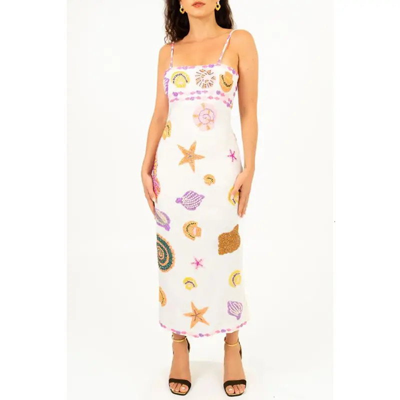 Combhasaki Women Summer Y2K Aesthetic Colorful Sequin Shell Print Sleeveless Adjustable Straps Square Neck Straight Long Dress 250617