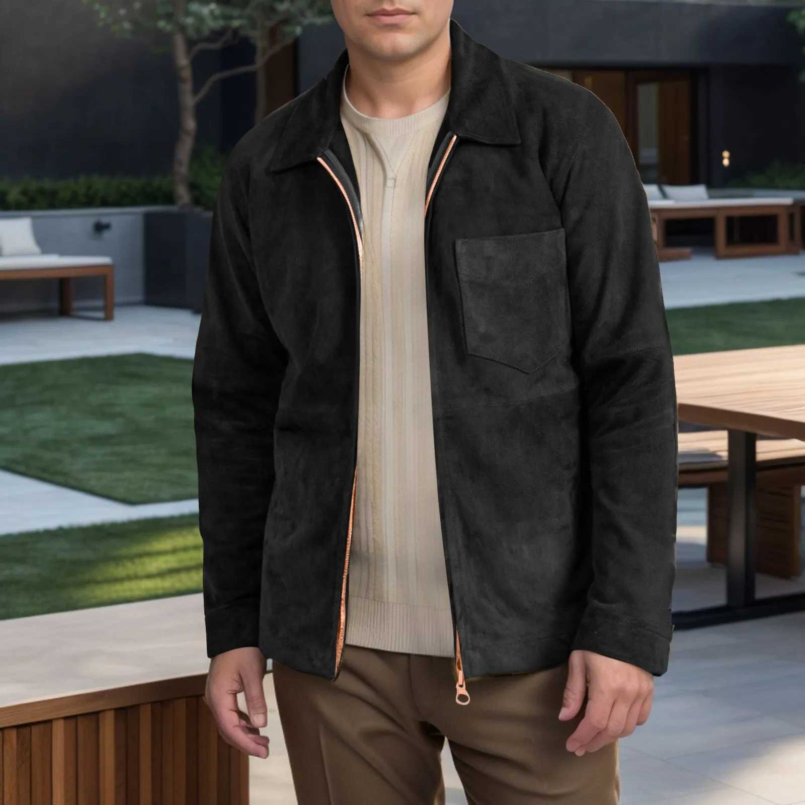 Mens Vintage Suede Jacket Full Zip Casual Work Wear Lightweight Classic Long Sleeve Trucker Coat Work Jackets For Men Loose Fit XJ250621