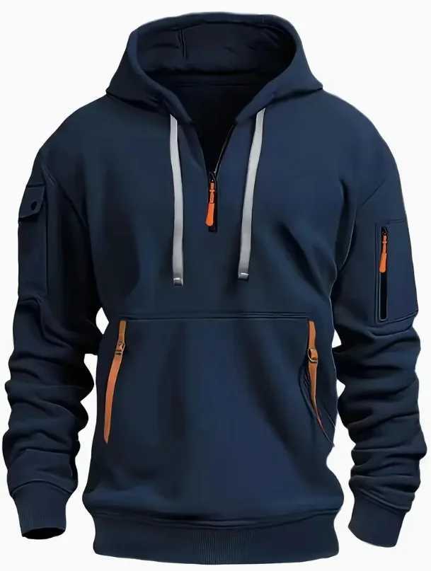 Multi-pocket zipper mens fashionable hooded sweatshirt autumn and winter full zipper cardigan casual wear XJ250621