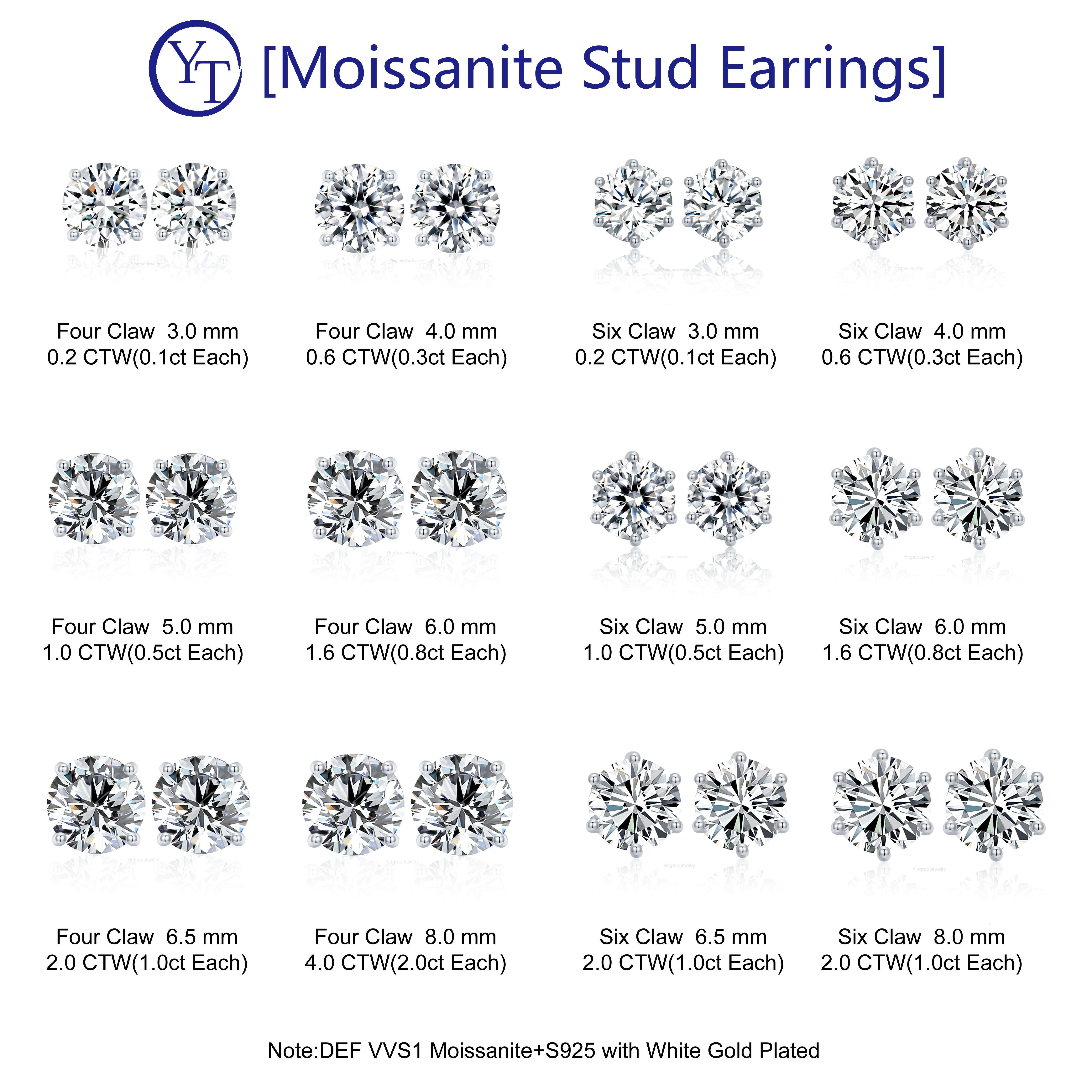 Wholesale 3MM/4MM/5MM/6MM S925 Silver Six Claw Earrings 18K Gold Earrings D Color Vvs Moissanite Women Earrings