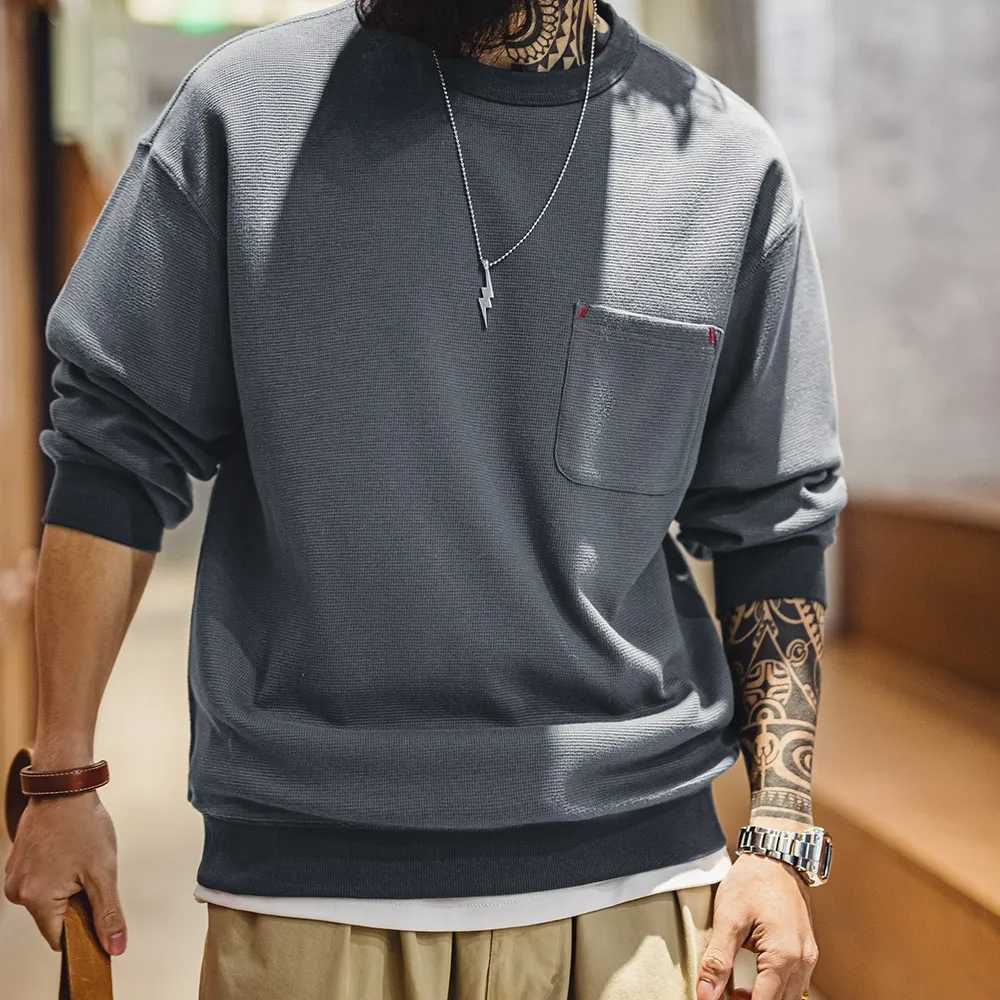 Maden Casual Waffle Knit Pocket Hoodie Mens Spring Loose Fit Long Sleeve Pullover Round Neck Sweatshirt Comfortable T-Shirt XJ250621