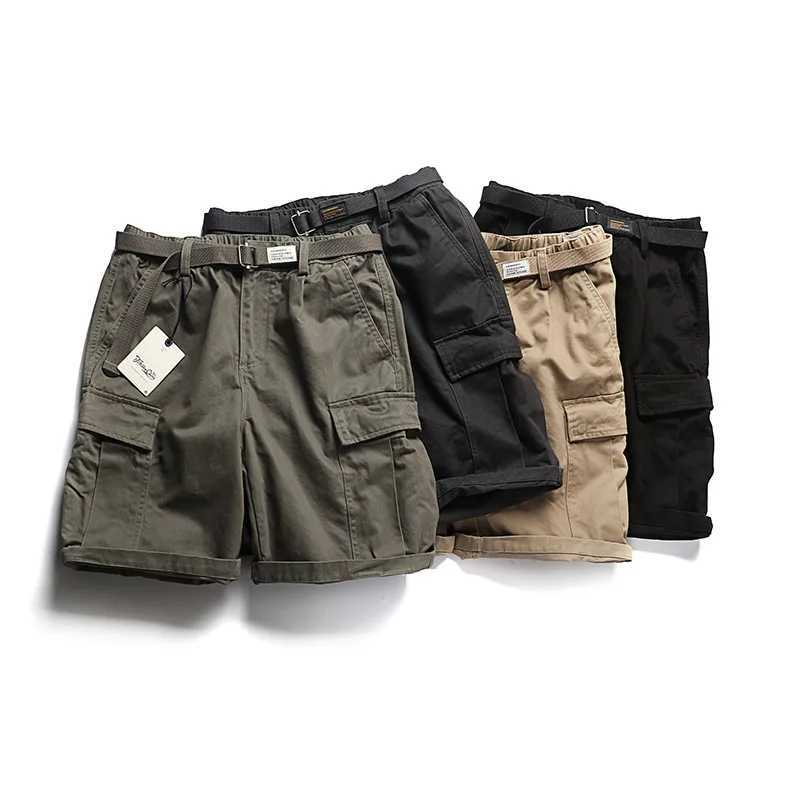 Amekaji 00% Cotton Heavyweight Workwear Shorts for Men 2025 Summer American Vintage Casual Cargo Knee-length Shorts with Belts W250621