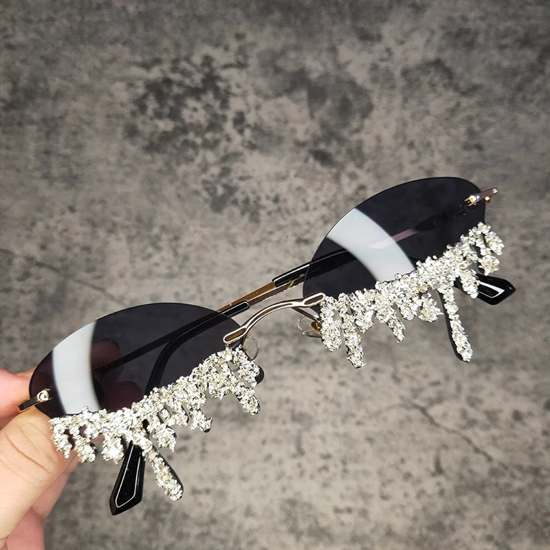 Small Oval Rimless Tear Shape Rhinestone Sunglasses With Stone Punk Diamond Sun Glasses Gafas De Sol 250617