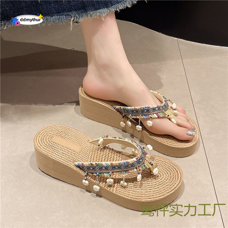 Xishuangbanna Toe Post for Women Summer Ethnic Style Yunnan Travel Outdoor Sandals Beach Vacation Shoes Flip Flops ddmythur