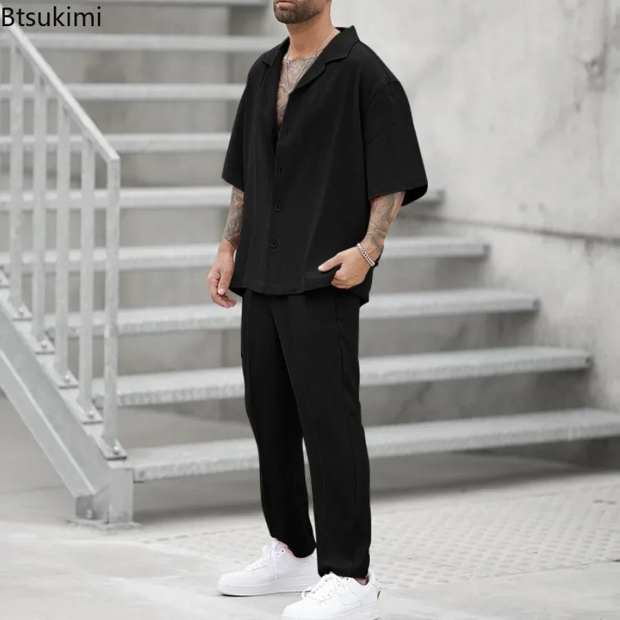 2025 Mens Casual 2PCS Pants Sets Fashion Lapel Shirt Top and Trousers Set Trendy Solid Blazer Pants Two Piece Set Clothing Male 250619