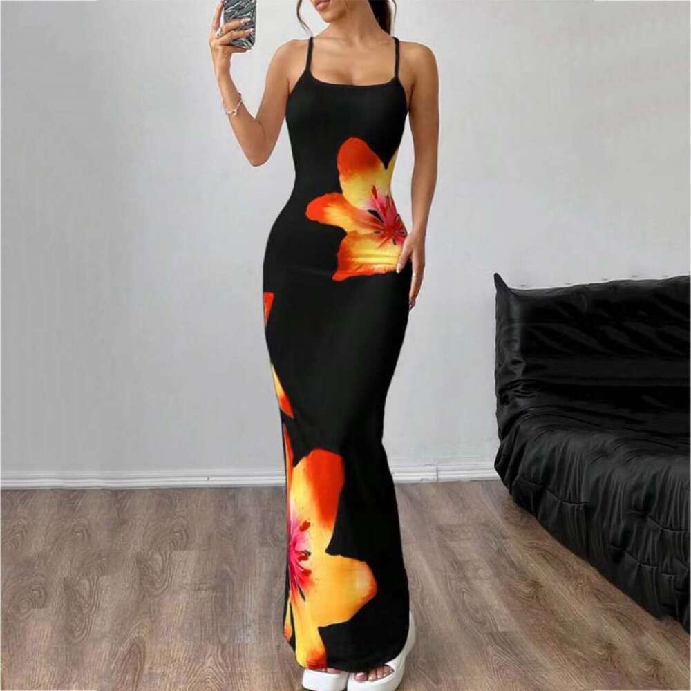 Long Dress Sexy Spaghetti Strap Printed Elegant Long Dress Sexy Long Skirt