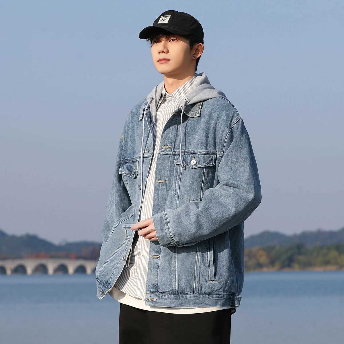 Denim Jacket Mens Casual Gangster Handsome American Tide Drop Shoulder Workwear Retro Versatile LapelsXJ250621